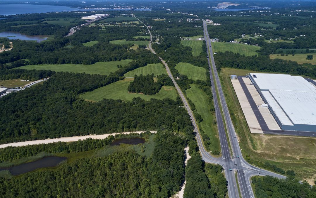 Principio Business Park overhead photo with view of bay